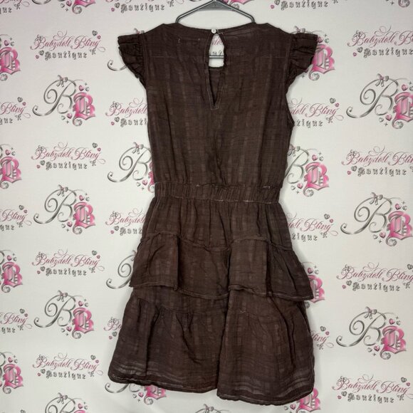 Rowie dress ruffle frill brown linen style lightweight keyhole button opening - Picture 5 of 9
